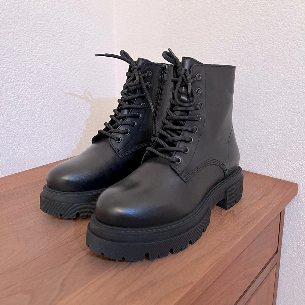 leather lug sole boot zip up